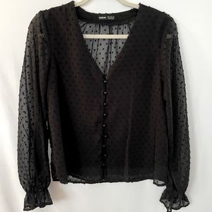 Polka Dot Mesh Back Sleeve Button Blouse